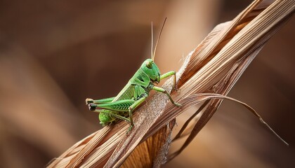 small green grasshopper on dry vegetation