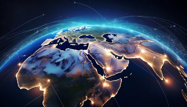 night planet earth from space with light lines of communication and connection global communication system