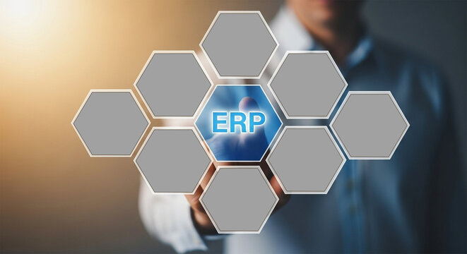 Businessperson interacting with the ERP system on a touchscreen - Powered by Adobe