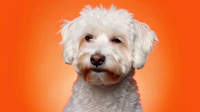 Portrait of a Charming White Maltese Dog Against a Vivid Orange Background.