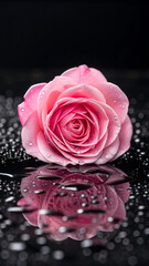 Elegant pink rose with water droplets and reflection on black surface