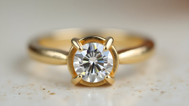 Golden engagement ring with sparkling brilliant diamond, symbol of everlasting love
