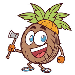 Hilarious cartoon coconut vector featuring a wide-eyed, smiling character with green leaves and a Axe.?perfect Comic, fun, POD, Graphics, Fruit themed designs..eps