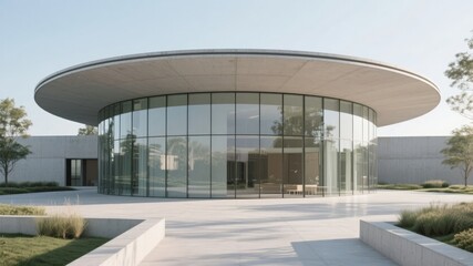 Obraz premium Modern circular building with extensive glass facade and flat roof