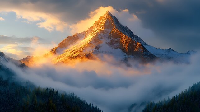 Majestic Mountain Peak Glowing at Sunrise Amidst Dense Foggy Forest