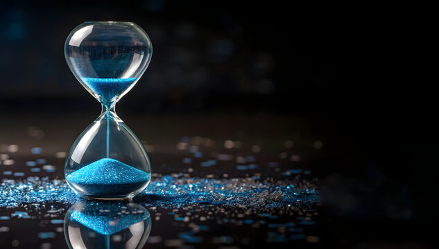 The hourglass symbolizes the passage of time, with a blue sand that represents life being poured in to add more limited time, highlighting the concept of time management