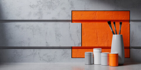 Modern Concrete Aesthetic White Panels, Orange Detail, and Matte Containers in Minimalist Composition