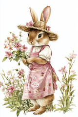 Obraz premium Bunny in a Pink Dress and Hat. Watercolor illustration of an adorable bunny wearing a dress and a hat, holding flowers.