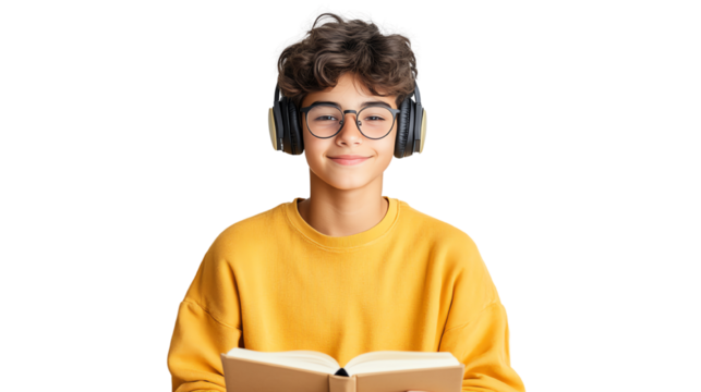 A cheerful young boy in a yellow sweatshirt wearing headphones and reading a book, isolated on a white background.