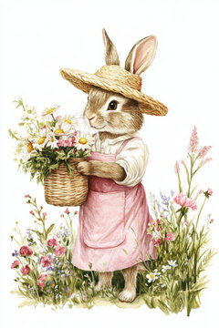 Bunny with Flowers in a Meadow. A charming watercolor illustration of a bunny in a straw hat, carrying a basket of flowers in a sunny meadow.