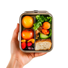 Hand holds a divided lunchbox packed with an assortment of fresh and colorful fruits, vegetables, and whole wheat bread, offering a healthy meal.