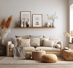 Beige living room decor ideas: modern sofa with pillows, coffee table and shelf styling inspiration