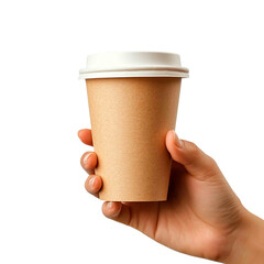 Hand holding a disposable cup with a white lid. The cup appears to contain a warm beverage, set against a stark black background.