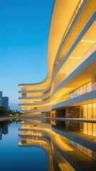 Fototapeta premium Modern Architectural Building with Curved Facade and Reflective Water Pool