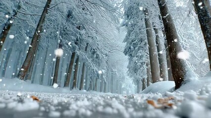 Winter Wonderland Forest Path: A serene forest path blanketed in fresh snow, with tall trees forming a picturesque tunnel, creating a magical winter landscape.
