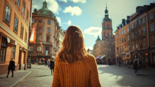 Back view of young woman walking in the old town of Stockholm, Sweeden, Europe