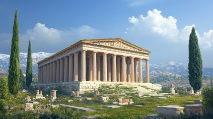 Ancient Greek Temple amidst Majestic Mountains