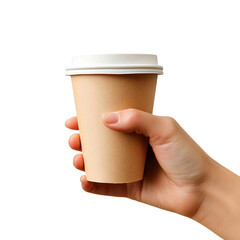 A hand holds a brown paper coffee cup with a white lid against a black background, suggesting a warm beverage and a moment of enjoyment.