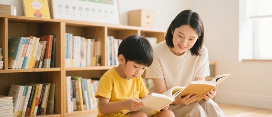 A woman and a child reading a book together in a cozy, book-filled room.