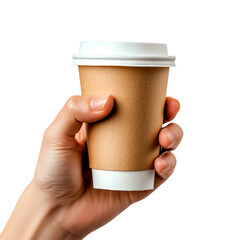 Close-up: person's hand holding a takeaway coffee cup with a lid on a plain black background. Fresh beverage to go for a refreshing moment.