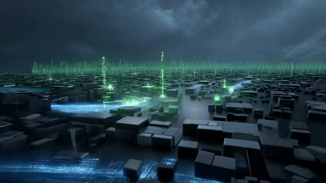 Digital city landscape with binary code streams