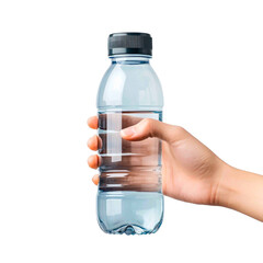 A clear plastic bottle is being held by a hand, filled with water against a black backdrop, exemplifying hydration and purity.