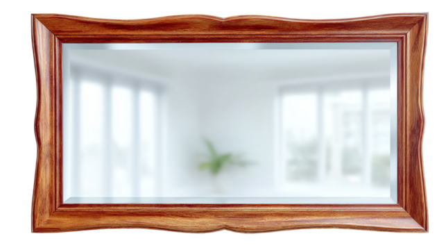 Elegant wooden frame mirror reflecting a bright interior space with natural light and a touch of greenery.