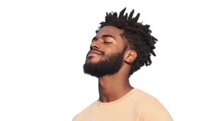 Man with beard enjoying a moment of peace, eyes closed, smiling gently, light background.