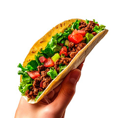 A hand holds a taco filled with seasoned ground meat, lettuce, and diced tomatoes. Fast food meal, quick and tasty. Isolated on black.