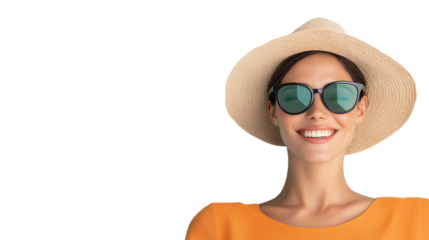 Smiling woman in sunglasses and straw hat, orange shirt, cheerful expression, isolated on white background.