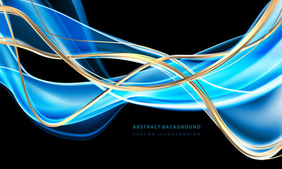 Abstract gold blue ribbon curve wave luxury overlap on black design modern background vector