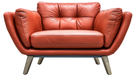 Stylish red couch with plush cushions and wooden legs against a white background.