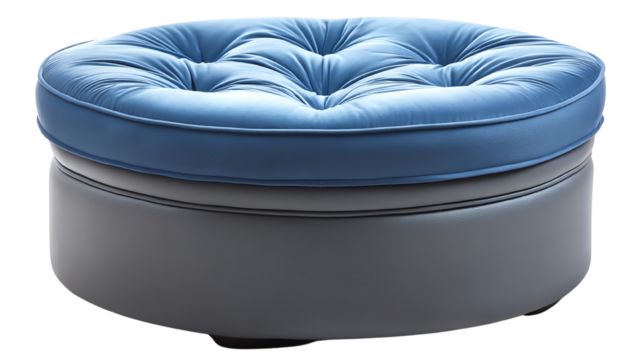 Stylish round ottoman with blue tufted upholstery, perfect for modern living spaces.