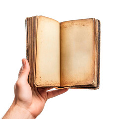 An antique book with blank pages is gently held open, inviting the reader to fill it with new stories or personal reflections.