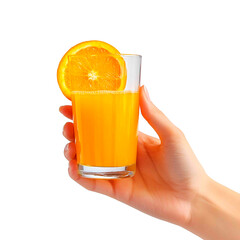 Freshly squeezed vibrant orange juice in a glass held by a hand with an orange slice perched atop on a black isolated background.