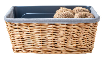 Obraz premium Woven storage basket with yarn balls on a white background, perfect for organizing crafts and home decor.