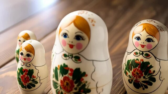 Arrangement of traditional nesting dolls with floral designs on a weathered wooden surface, showcasing cultural artifacts and folk art