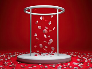 White pedestal, ringed structure, falling rose petals on red backdrop