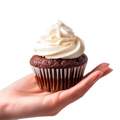 A tempting chocolate cupcake with creamy frosting held gently in a hand, inviting a delightful indulgence on a black background.