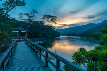 Obraz premium Twilight Serenity Wooden Boardwalk Over Mirror-Like River with Lit Gazebo, Reflecting Pastel Skies and Mountain Silhouettes