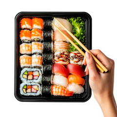 Assorted sushi platter featuring various rolls and nigiri, ready to be enjoyed with chopsticks on a black background.