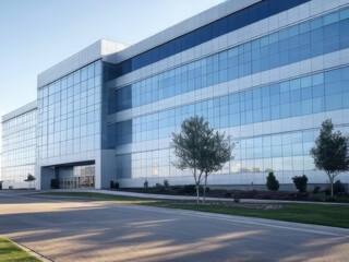 Modern Glass Office Building Exterior Under Blue Sky