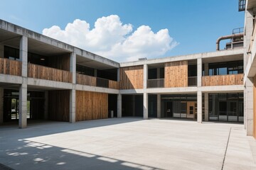 Modern Courtyard with Concrete and Wooden Facade Under a Clear Sky