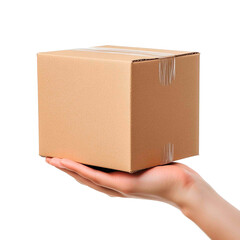 A tan square cardboard box, sealed with tape, is held in an outstretched hand against a black background. Simple, isolated and focused.
