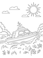 Black and White Line Art Coloring Page of a Motorboat on Water Under a Sunny Sky with Simple Clouds and Plants