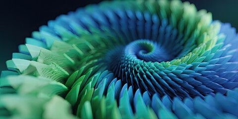 Abstract spiral of layered, vibrant teal and green shapes