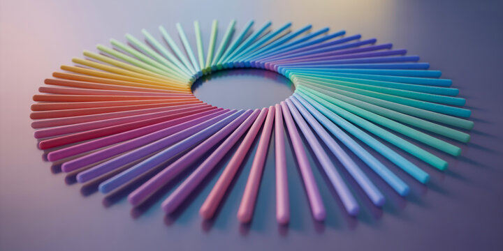 Vibrant Pastel Spiral Macro Shot of Radial Matte Sticks in Gradient Hues, Creating a Hypnotic Geometric Burst