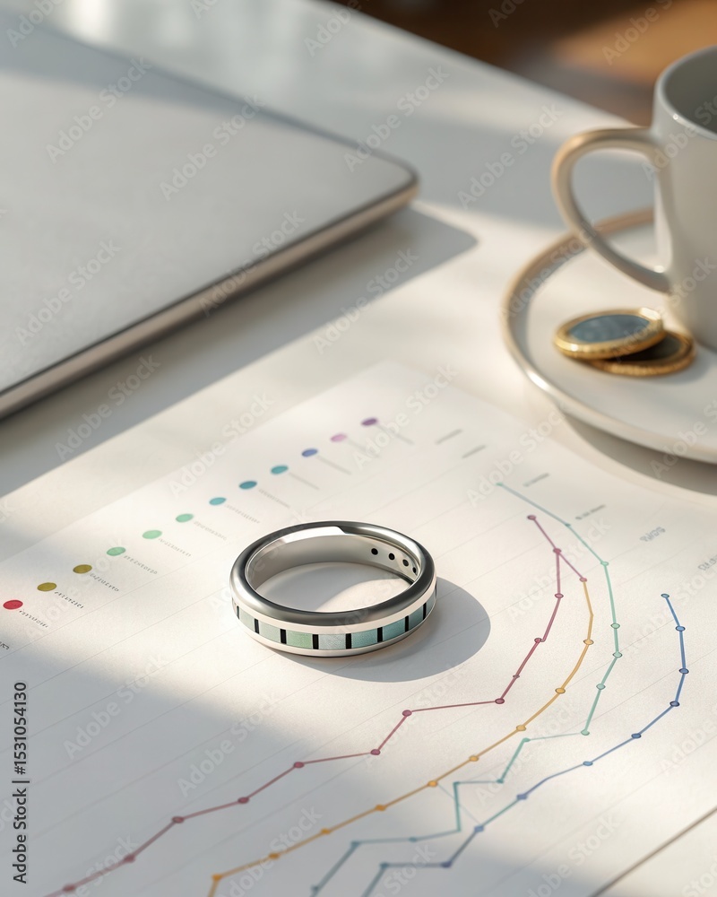 Poster digital health solutions for healthcare. a ring placed on a graph chart with a laptop and coffee nea