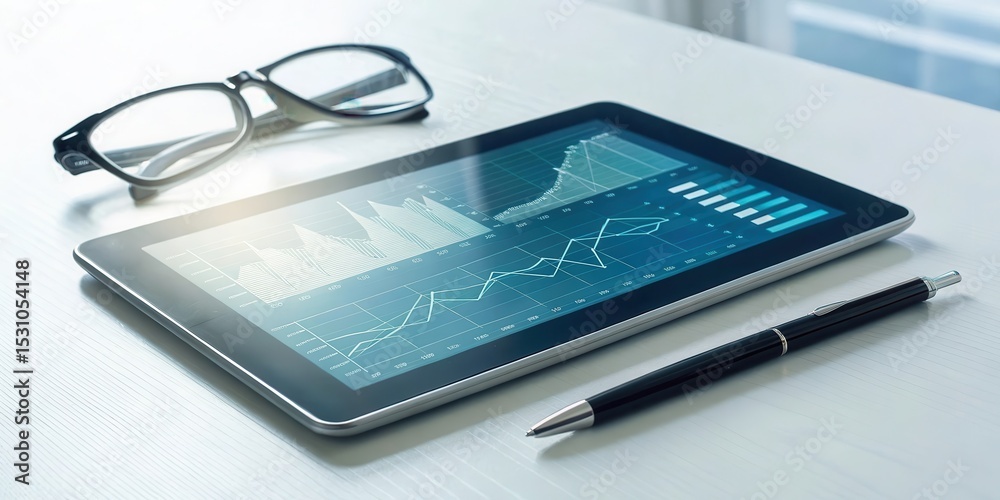 Poster digital health solutions for healthcare. tablet displaying data analytics next to glasses and a pen.