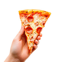 A hand holds a triangular slice of cheesy pizza, topped with pepperoni. The image is set against a plain background.
